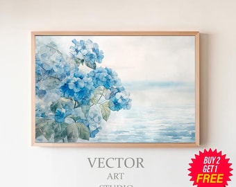 PRINTABLE Blue Wildflowers Art Print, Summer coastal floral wall art, Digital download, Vintage watercolor painting blue green print