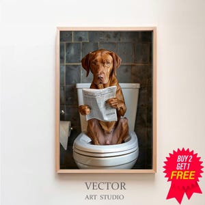Vizsla auf der Toilette und liest Zeitung, Badezimmer Bilder, Digitaler Download, Vizsla Geschenk, Einrichtung Badezimmer, Funny Dog Picture