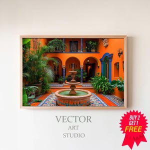Mexican Garden Oil Painting, Mexican Courtyard Art, Wall Art Decor, Colorful Art Print, Mexican Art, Mexican Decor, Latino Art, Home Decor