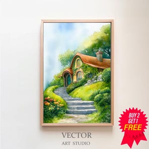 Bag End Painting, Watercolor Hobbiton Painting, Lord, Fantasy Art, Rings, Fantasy Painting, Middle, Earth, Fantasy Print