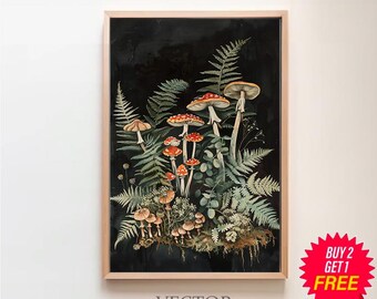 Botanical Mushrooms Dark Cottagecore Print, Moody Wall Art, Vintage Poster Green Witch Decor, Forest Ferns Printable, Goblincore Aesthetic