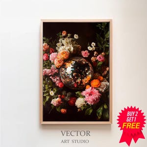Vivid Printable Wall Art, Disco Ball Maximalist Painting, Bold Eclectic Botanical Print, Green Trendy Kitsch Poster, Colorful Dopamine Decor