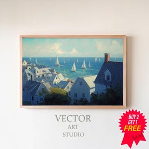 Vintage Summer Coastal View, Abstract Samsung Frame TV Art, Cape Cod Digital Download, Beach Oil Painting