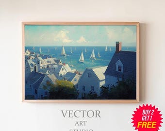 Vintage Summer Coastal View, Abstract Samsung Frame TV Art, Cape Cod Digital Download, Beach Oil Painting