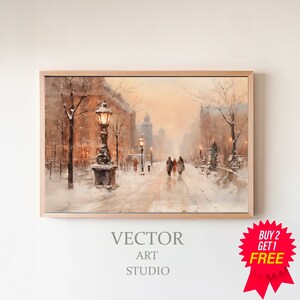 Vintage Winter Town Night Frame Tv Art, Neutral Holiday Winter Village Landscape Painting, Christmas Frame Tv Screensaver