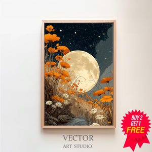 Puede incluir: Una impresión artística enmarcada que presenta una ilustración estilizada de una luna llena, flores naranjas y un cielo estrellado. La obra de arte incluye el texto "VECTOR ART STUDIO". La impresión está en un marco de madera.