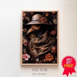 Plague Doctor Print, Vintage Poster, Art Poster Print, Dark Academia, Gothic Floral Print, Gothic Plague Doctor