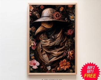 Plague Doctor Print, Vintage Poster, Art Poster Print, Dark Academia, Gothic Floral Print, Gothic Plague Doctor