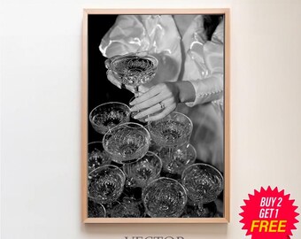 Stampa di bicchieri da champagne, bianco e nero, poster da bar vintage, download digitale, arte murale per cocktail, stampa di alcolici, stampa di carrelli da bar, decorazione da parete