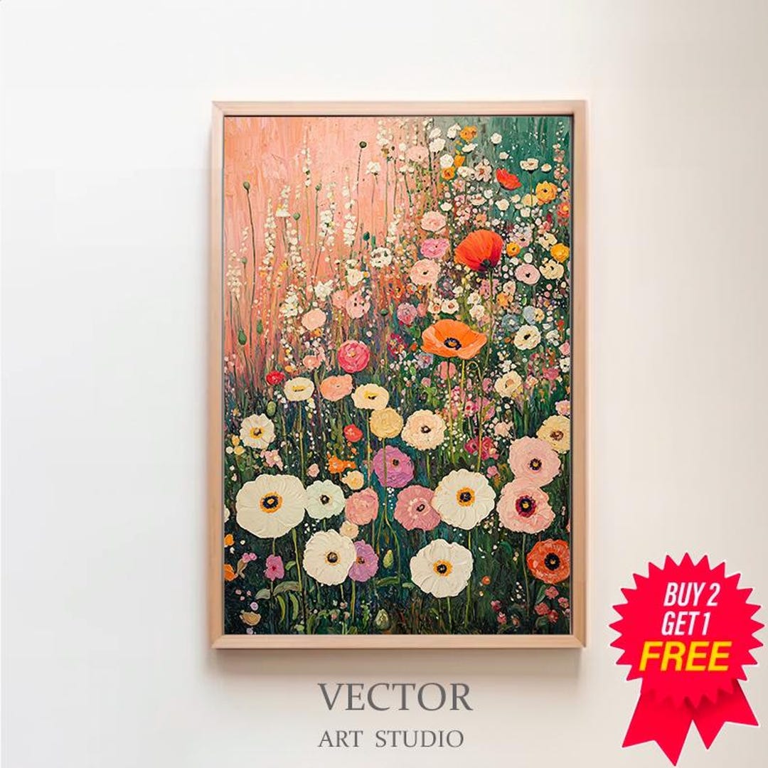 グスタフ・クリムトの花の庭 ピンクと緑の壁アートプリントポスター 額