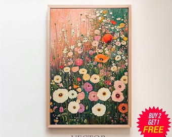 グスタフ・クリムトの花の庭 ピンクと緑の壁アートプリントポスター 額