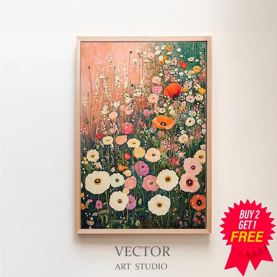 グスタフ・クリムトの花の庭 ピンクと緑の壁アートプリントポスター 額