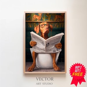 Vizsla auf der Toilette und liest Zeitung, Badezimmer Poster, digitaler download, Geschenk für Hundebesitzer, Funny Dog Picture, Vizsla art