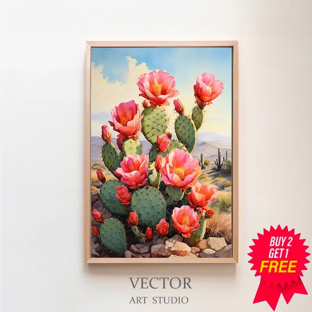 Flower Prickly Pear Cactus Sunset Art Print Watercolor Botanical Desert ...