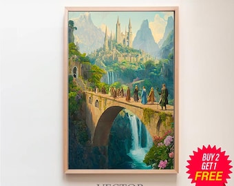 Digitalt konsttryck av Fantasy Fellowship, mystisk alvlandskapsmålning, illustration av förtrollande kraftringar, födelsedagspresent