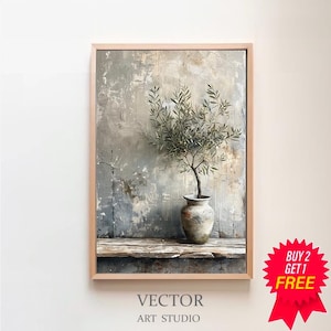 Olive Tree in Aged Vase Painting, PRINTABLE ART, Vertical Art Print, Vintage Botanical Art