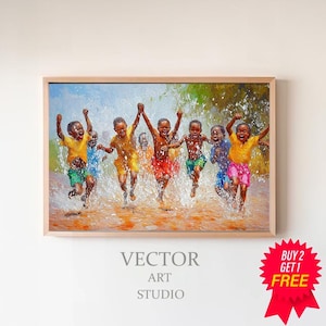 African Kids Playing Canvas Art - Black Art - African Children in rain - African Art - African Home Decor - African Gift - African Wall Art