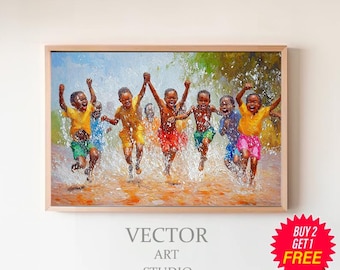 Bambini africani che giocano su tela - Arte nera - Bambini africani sotto la pioggia - Arte africana - Arredamento africano - Regalo africano - Arte murale africana