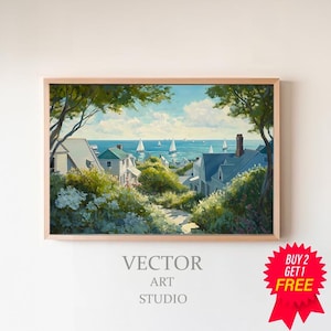 Vintage Summer Coastal View, Abstract Samsung Frame TV Art, Cape Cod Digital Download, Beach Oil Painting