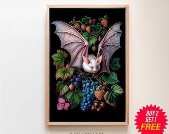 Morcego de fruta albino Dark Cottagecore Goth Print, pintura floral vintage, Dark Academia para impressão, arte de parede gótica botânica, decoração Whimsigoth