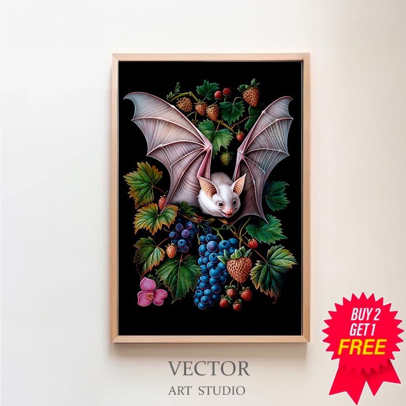 May include: A white bat with pink wings perched on a branch of a vine with green leaves, blue grapes, and red strawberries. The background is black.