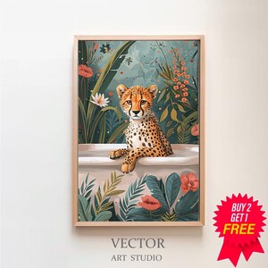 Cheetah Wall Art, Animal Kids Room Print, Boho Jungle Bathtub Poster, Bathroom Art DIGITAL, Maximalist Botanical Eclectic Tropical Poster
