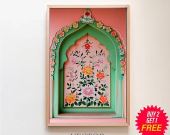 May include: A framed print of a pink and green archway with floral designs. The archway is painted with a floral pattern in shades of pink, yellow, and green. The print is framed in a light wood frame.