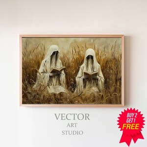 Puede incluir: Dos figuras con túnicas blancas están sentadas en un campo de hierba alta, leyendo libros. Las figuras no tienen rasgos faciales y sus túnicas están gastadas y desteñidas. El fondo es de un marrón y un amarillo apagados.