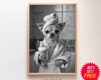 Chihuahua Wall Art, Bathroom Art Print, Cute Dog Photograph, Bathroom wall art, Printable Digital Download, Chihuahua Dog in Bathroom