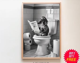 May include: A black and white photograph of a dachshund dog sitting on a toilet and reading a newspaper. The dog is wearing a collar and has a serious expression on its face. The newspaper is titled "Anzeigette" and the headline reads "Blick in die Zeit".