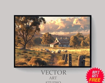 Vintage Outback Homestead Digital Wall Art, Country Landscape