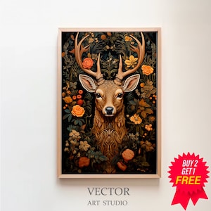 William Morris Inspired Deer Art Print, Nature Wall Art, Deer Antlers, Christmas Large Wall Art Canvas, Unique Wall Art, Above Bed Art