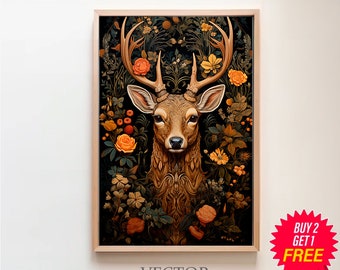 William Morris Inspired Deer Art Print, Nature Wall Art, Deer Antlers, Christmas Large Wall Art Canvas, Unique Wall Art, Above Bed Art