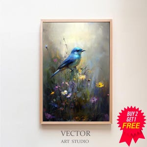 Dark Cottagecore Farmhouse Art, Vintage Blue Bird Wall Art, Dark Academia Gothic Aesthetic Decor Moody Bird Botanical Woodland Art Printable