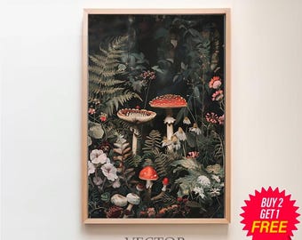 Botanical Mushrooms Dark Cottagecore Print, Moody Wall Art, Vintage Poster Green Witch Decor, Forest Ferns Printable, Goblincore Aesthetic