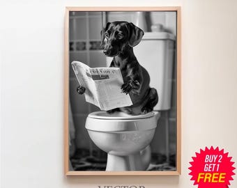 May include: A black and white photograph of a dachshund dog sitting on a toilet and reading a newspaper. The dog has a serious expression and is holding the newspaper with its paws.