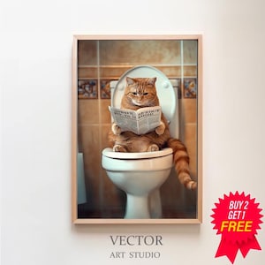 Cat Print, Funny Bathroom Decor, Cat in Toilet, Animal in toilet, Whimsy Animal Art, Printable Digital Download, Kids Bathroom Wall Art