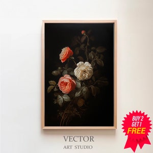 Vintage Moody Dark Flower Print, Printable Digital Art, Dark Academia Botanical Wall Art Floral Still Life Oil Painting