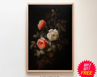 Vintage schwermütige dunkle Blumendruck, druckbare digitale Kunst, dunkle Academia botanische Wandkunst Blumenstillleben-Ölgemälde