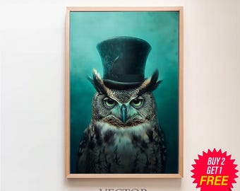 Gentleman Owl Vintage Portrait | Antique Owl Painting, Barn Owl, Dark Academia Decor, Forest Animal, Whimsical Animals, Moody Wall Art