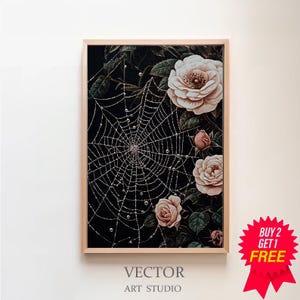 Tautropfen auf Spinnennetz und rosa Rosen Dunkler botanischer Blumengarten zum Ausdrucken, dunkle Blumenwandkunst, Cottagecore Forestcore