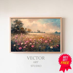 Samsung FRAME TV art Rosa Wildblumen, Frühling Feld der Blumen TV Kunst, Cottagecore TV Kunst Download, Vintage Wiese florale TV Kunst
