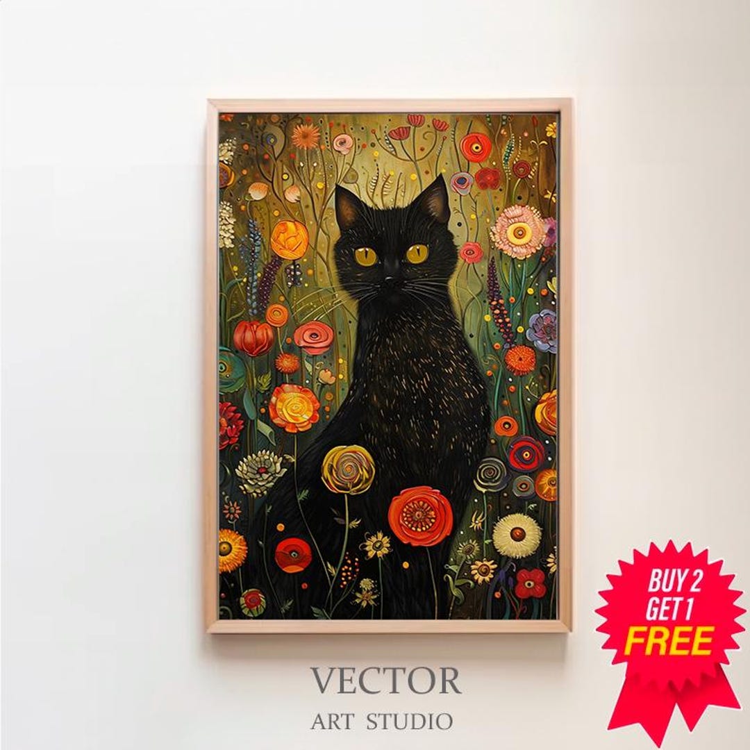 Black Cat in A Garden Wall Art Print Poster Framed Art Gift, Digital ...