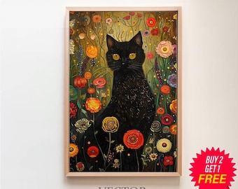 グスタフ・クリムト、庭の黒猫 ウォールアート プリント ポスター 額