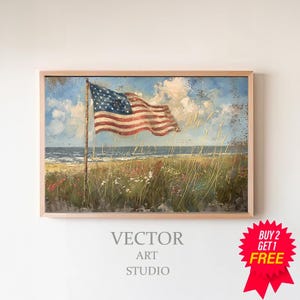 Vintage American Flag Art Decor Patriotic Flag & Floral Print  Colorful Neutral Wildflower Wall Art Antique Farmhouse Decor Digital Download