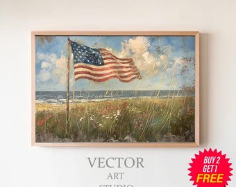 Decoração de arte com bandeira americana vintage Bandeira patriótica e estampa floral Arte de parede colorida de flores silvestres neutras Decoração de casa de fazenda antiga Download digital
