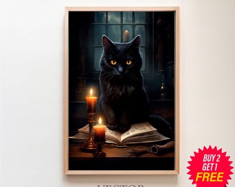 Impresión de bruja de gato negro, arte de gato negro, cartel vintage, academia oscura, victoriano gótico, decoración de brujas, impresión de cartel de arte