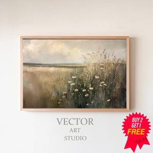 Printable Wildflower Field Landscape Oil Painting, Vintage Farm House Decor, Oil Painting Printable, Moody Field Landscape
