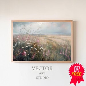 Printable Wildflower Field Landscape Oil Painting, Vintage Farm House Decor, Oil Painting Printable, Moody Field Landscape