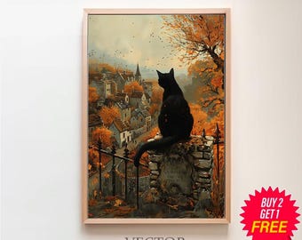 Vintage Salem Travel Poster | Black Cat & Witchcraft | Digital